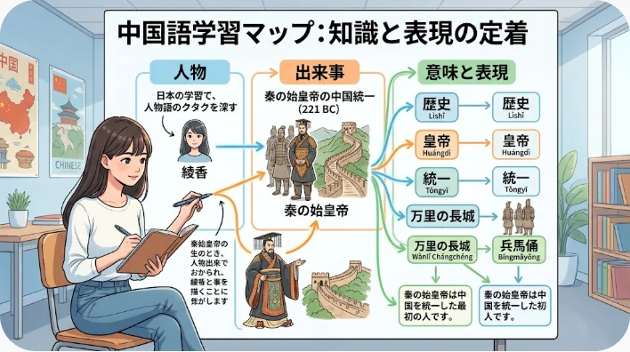 魯迅、朱安、秋瑾の人物カードと年表を結び、発音を録音して復習する学習者