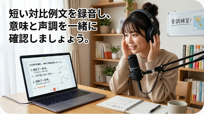自宅で中国語の禁止表現を録音しながら復習する日本人学習者