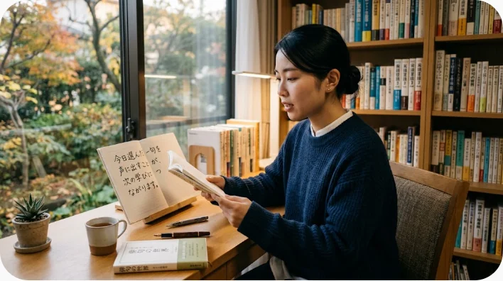 中国風の書院へ続く道を一歩ずつ進む日本人の中国語学習者