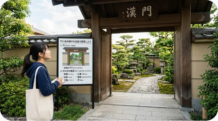 中国式庭園の月洞門越しの景色をノートを持って観察する日本人学習者