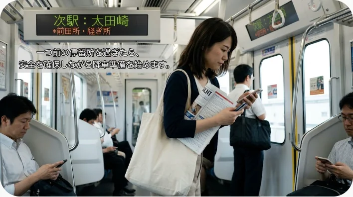 中国の路線バスで降車前にスマートフォンと車内表示を確認する学習者
