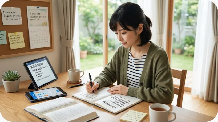 公共図書館のラウンジで学習記録を振り返り次回の予定を決める成人学習者二人