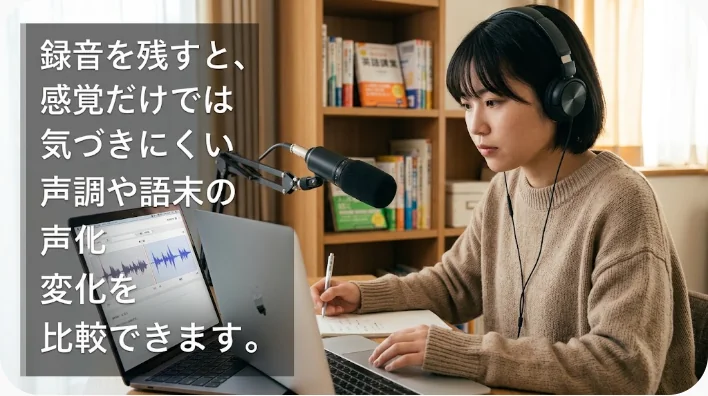 スマートフォンで中国語の発音を録音し模範音声と比較する学習者