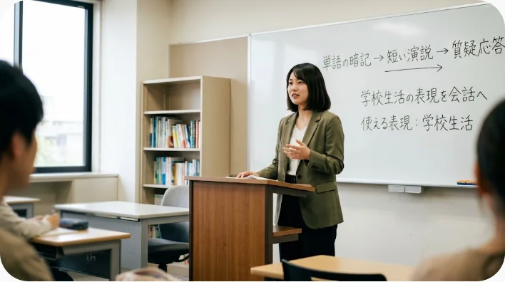 日本人を含む中国語学習者が講師と班長選挙の表現を音読練習する場面