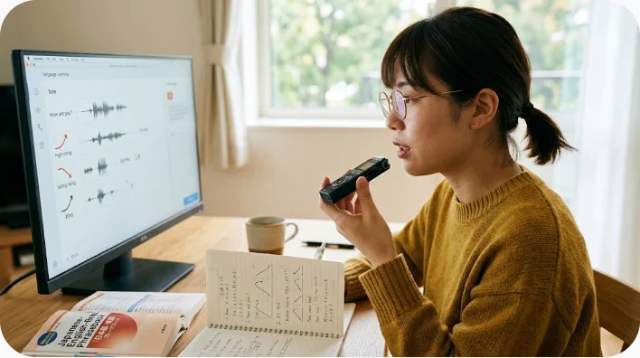 日本人の中国語学習者が録音機能と復習カードを使って発音練習をしている場面