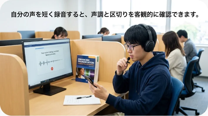 旅行前に保温ボトルを置いた机で中国語の発音を録音して練習する学習者