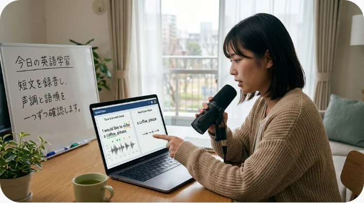 中国語学習者が餃子メニューと単語カードを使って発音を録音している場面