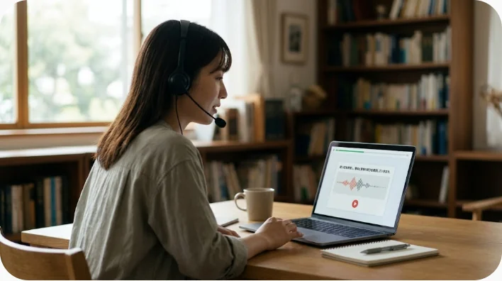 日本人の中国語学習者がスマートフォンで発音を録音しながら意志表現を練習する様子