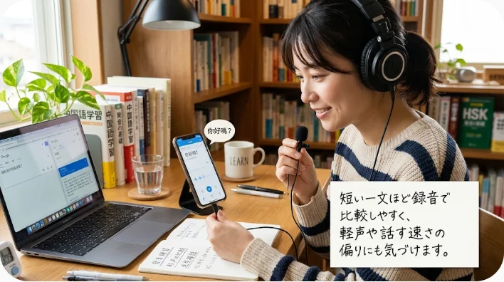 日本人の中国語学習者が録音音声を聞きながら名前の尋ね方を発音練習する様子