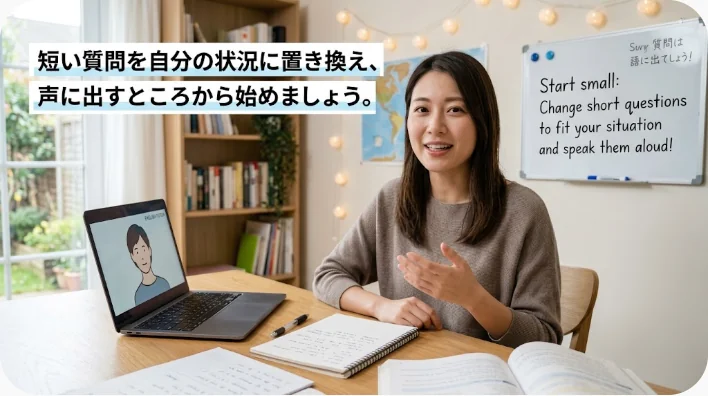 自宅の机で中国語の恋愛会話を復習する日本人の成人学習者