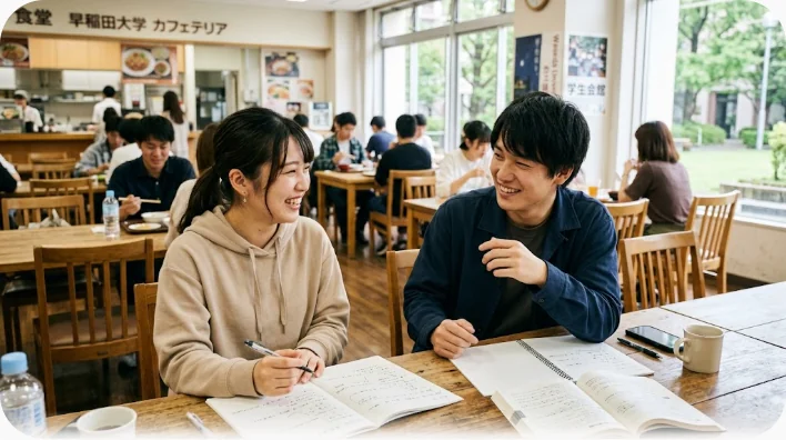 大学のカフェテリアでリラックスして笑顔で会話を楽しむ東アジアの友人たち