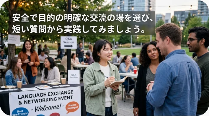日本人の中国語学習者が中国の大学生と公共学習スペースで会話練習をする様子