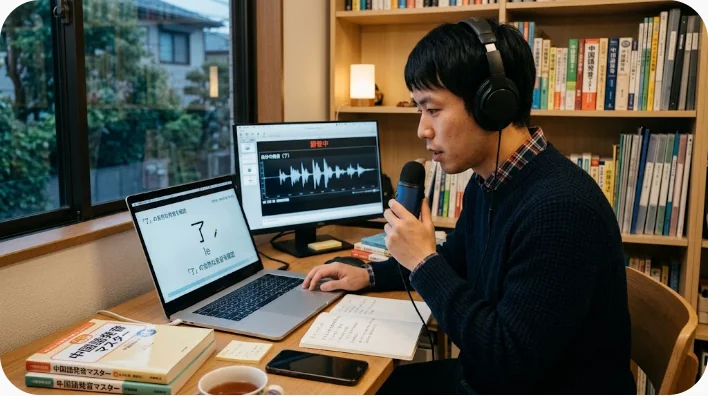 日本人の中国語学習者が録音機能と確認表を使って了の例文を音読する様子
