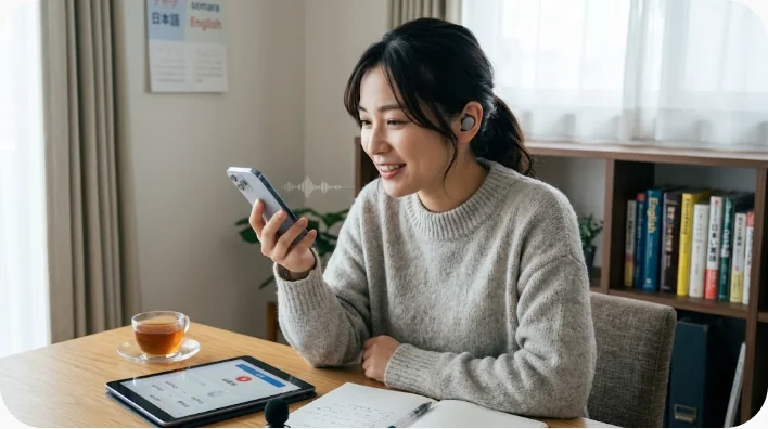 自宅で中国語のありますかのフレーズを録音しながら練習する日本人学習者