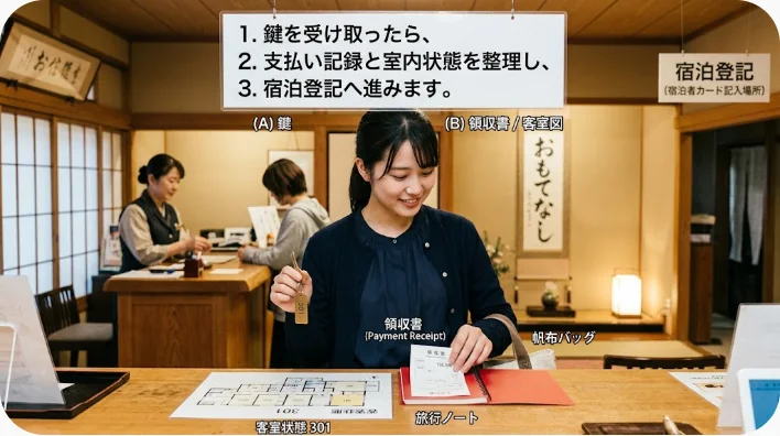 中国の賃貸住宅で契約書、鍵、支払い記録、メーター写真を確認する引き渡し場面