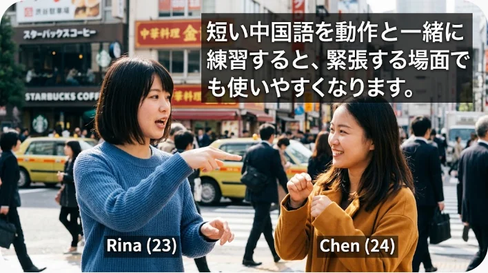 中国の葬式へ参列する前に日本人学習者が中国語のお悔やみ表現を練習している場面