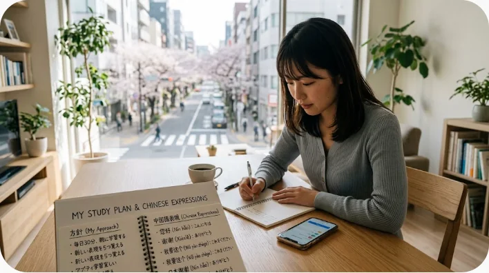 日本人学習者が自宅で境界線を伝える中国語フレーズをノートに書いて復習する様子