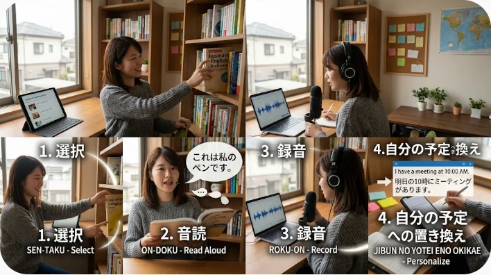 日本人の中国語学習者がフラッシュカードと録音機器で音読練習をする様子