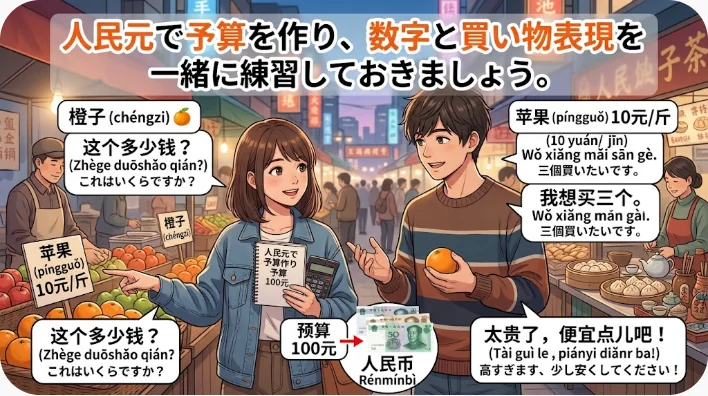 中国旅行の宿泊費、食費、交通費を人民元で計算する日本人旅行者