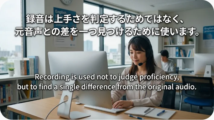中国語の短文をスマートフォンに録音しながら発音練習をする成人学習者