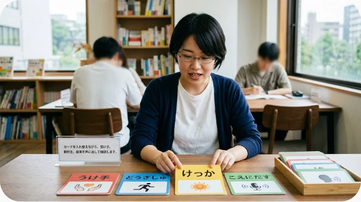 中国語学習者が受身文の語順カードを並べて音読練習している様子