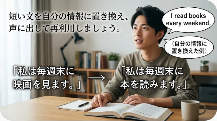 中国語の例文カードと復習ノートを使って音読する日本人学習者
