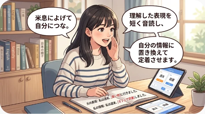 日本人の中国語学習者がヘッドホンと学習ノートを使って上海に関する例文を練習する場面
