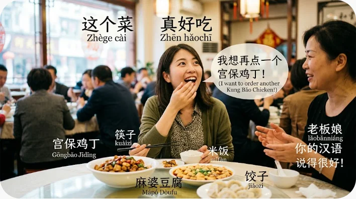日本人の中国語学習者が料理写真と山西老陳醋を使って味覚表現を練習する様子