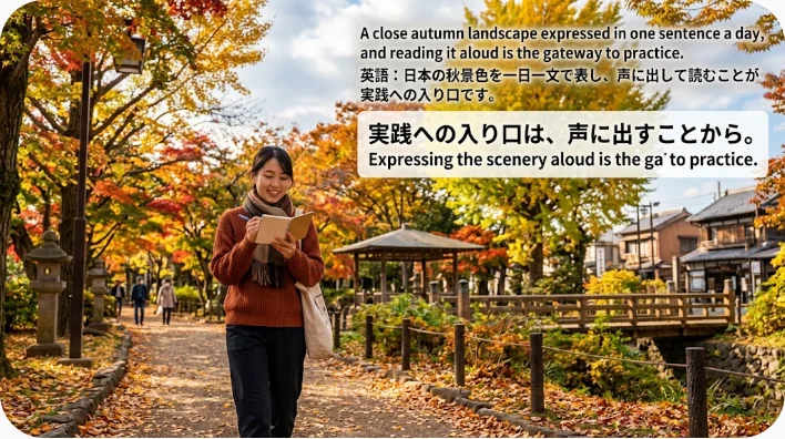 秋の木々が見える窓辺で中国語の発音を練習する成人学習者