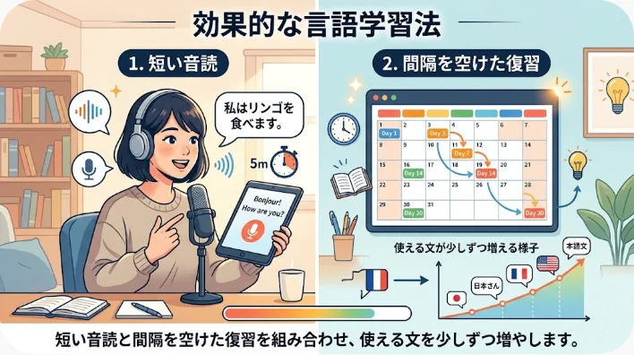 馬や牛、狐、兎、魚の学習カードを音読しながら復習する中国語学習者