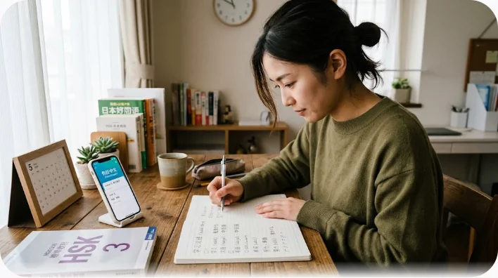 机の上にノートとスマートフォンを広げて中国語の表現を熱心に自習する様子