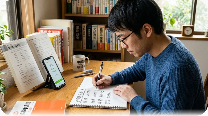 机の上にノートとスマートフォンを広げて中国語の表現を熱心に自習する様子