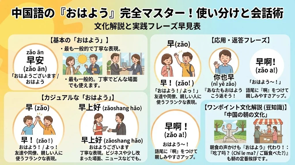 中国語で「おはよう」と言う方法を解説したインフォグラフィック。日本語のテキスト、ピンインの発音、さまざまな場面を表現したイラストが掲載されています。.