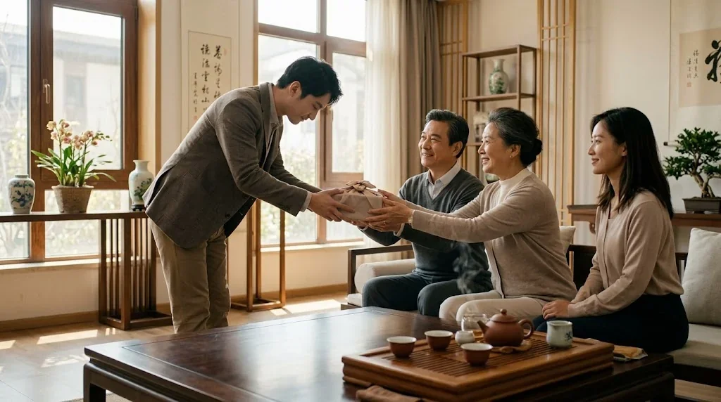 若い男性が、ソファに座っている年配の夫婦と、その隣に座っている女性に、ラッピングされた箱を手渡しながらお辞儀をしている。.
