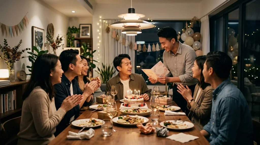 友人たちがダイニングテーブルを囲んで誕生日を祝っており、その中の一人が別の人にグリーティングカードを手渡している。.