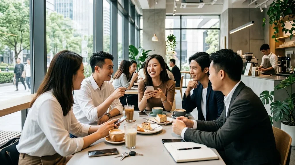 カフェのテーブルを囲んで座っている4人が、おしゃべりをしながらコーヒーを飲んでいる。.