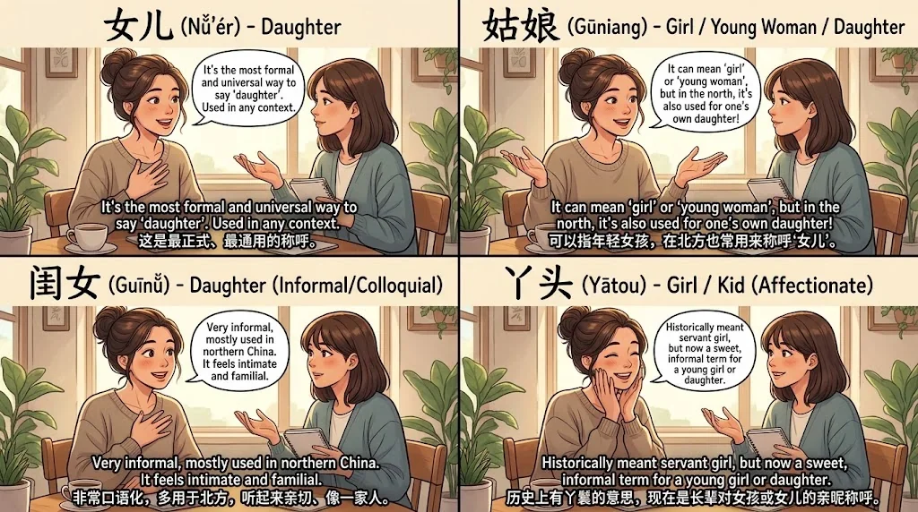 各表現の意味を友人に説明する女性のイラスト