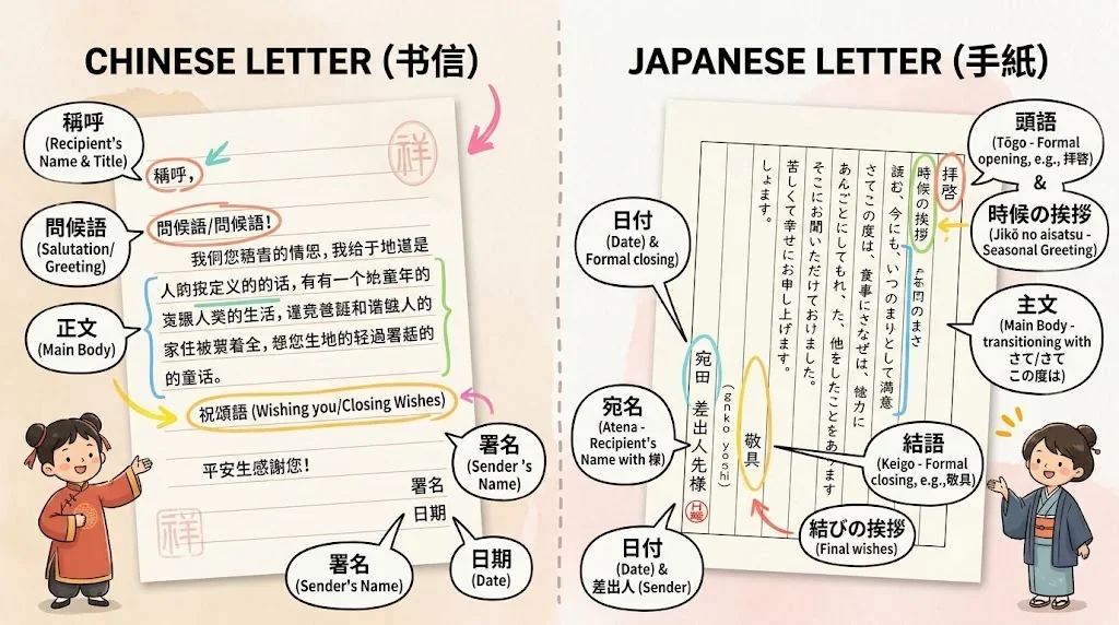 中国語と日本語の手紙の構成の違いを示す対比イラスト