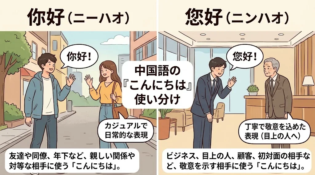 挨拶の使い分けを示す対比イラスト