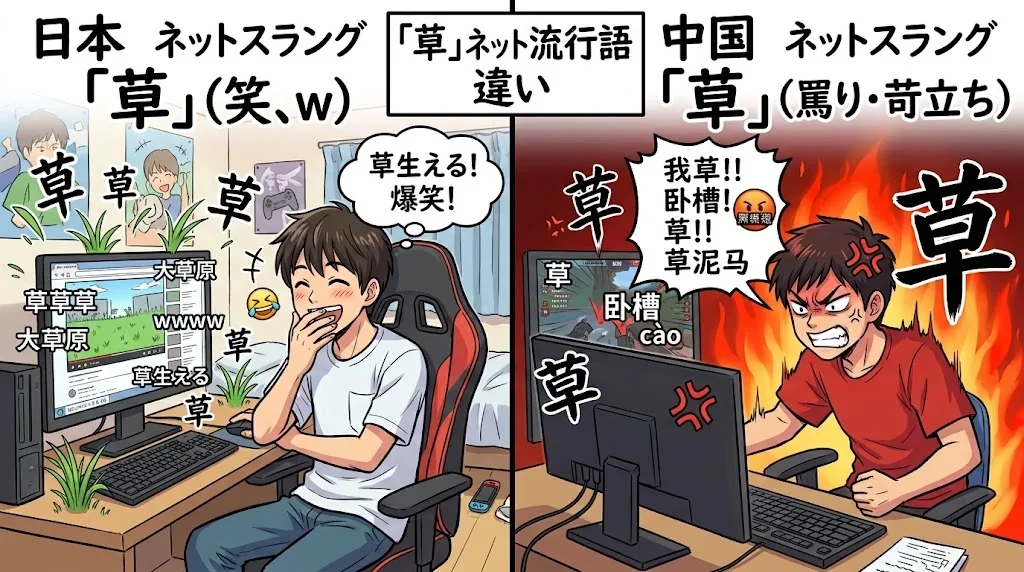 日本と中国の「草」の意味の違いを示す対比イラスト