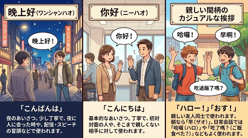 「晚上好」「你好」などの使い分けを示す対比イラスト