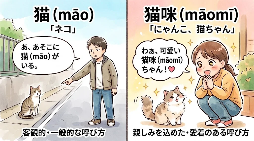 「猫」と「猫咪」の違いを示す対比イラスト