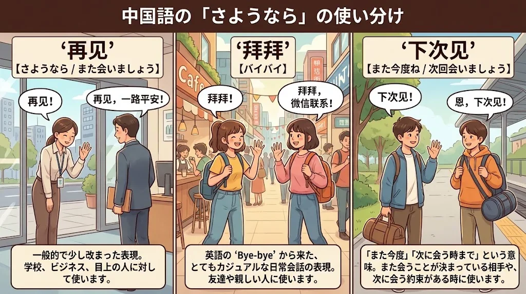 「再见」「拜拜」「下次见」の違いを示す対比イラスト
