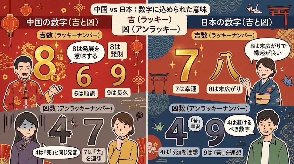 中国と日本の縁起の良い数字を比較したイラスト