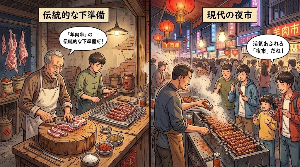伝統的な羊肉串の調理法と現代の夜市の様子を対比したイラスト