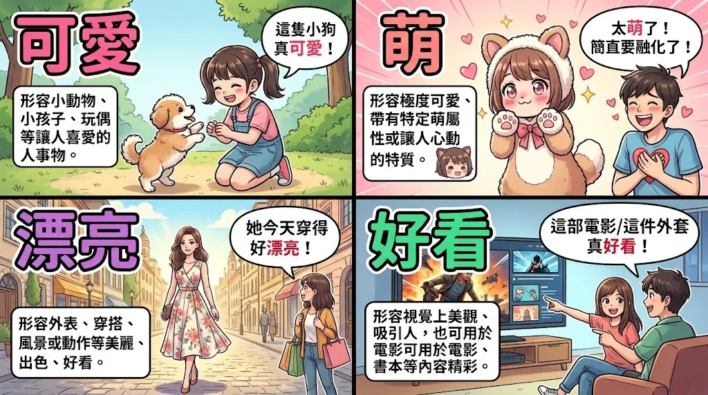 「可愛さ」の使い分けを示す対比イラスト。