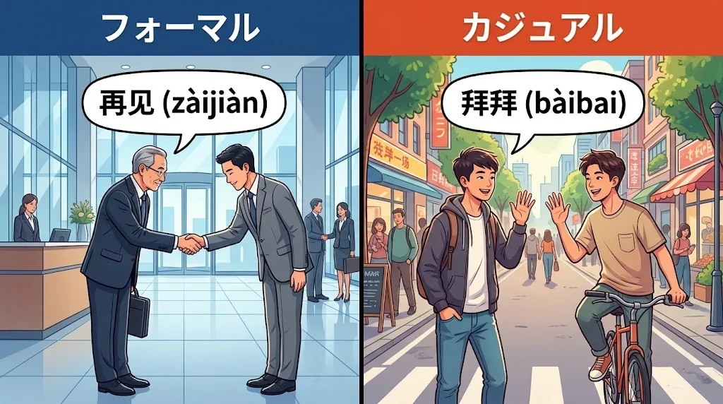 フォーマルとカジュアルな別れの挨拶を対比したイラスト