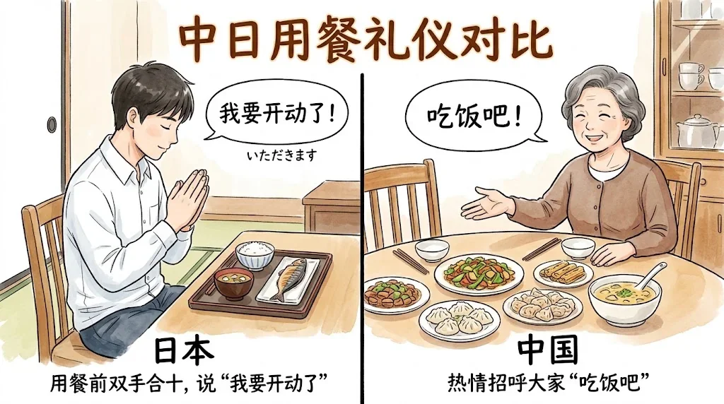 日本の「いただきます」と中国の「吃饭吧」の対比イラスト