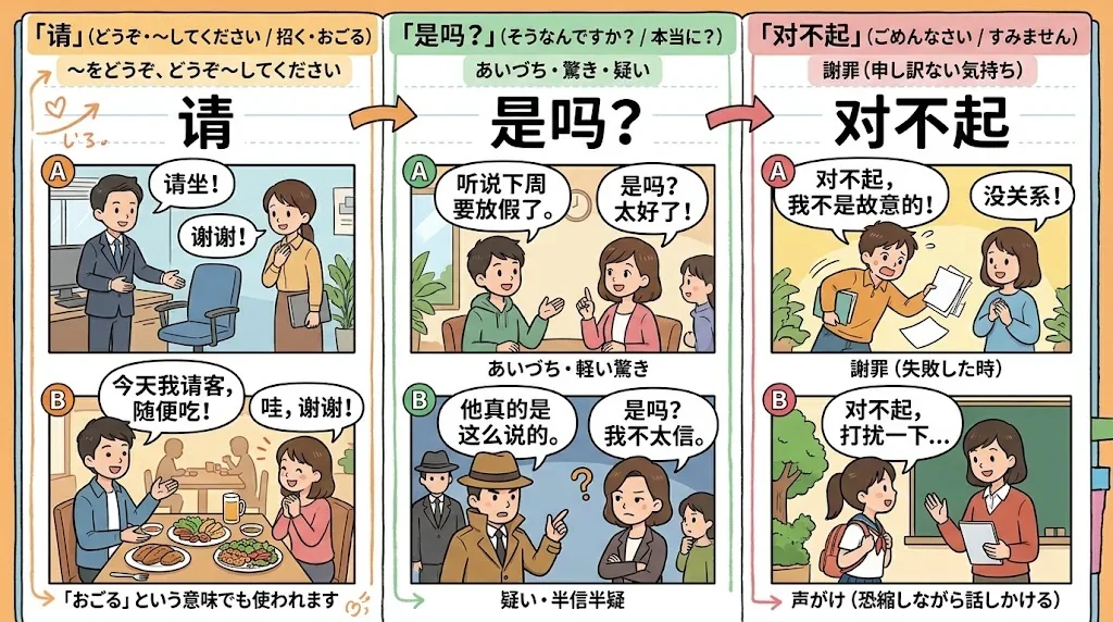 中国語の主要フレーズの意味や使い分けを示したイラスト