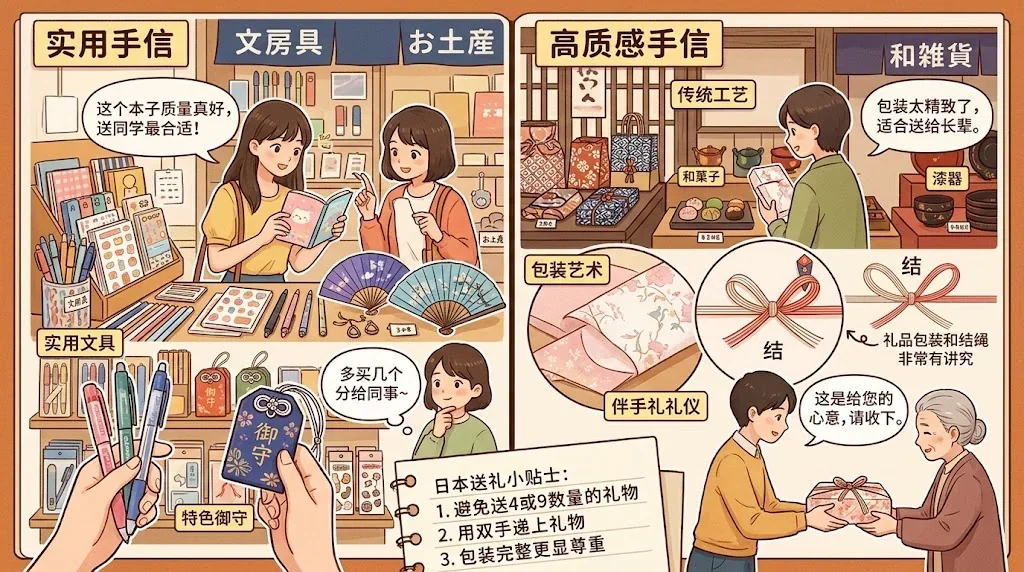 日本のお土産の特徴を対比したイラスト